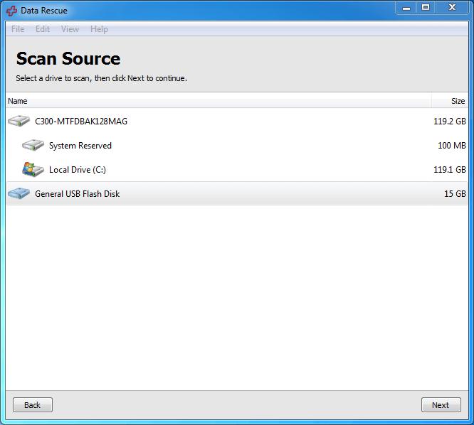 Showing the Source drive list within Data Rescu.