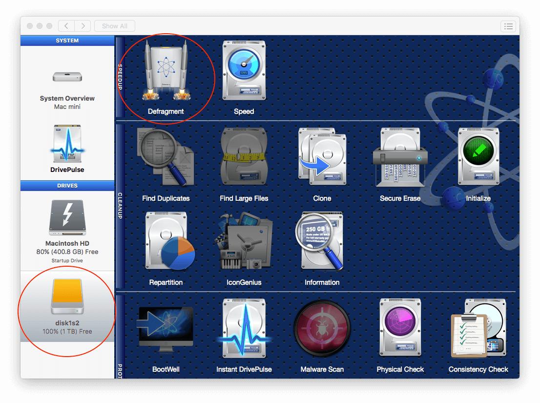 Select the drive from the left of the Drive Genius Window that you’d like to defragment.