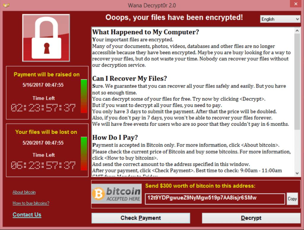 Wannacry message shown on screen.