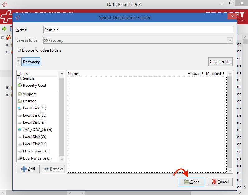 A window will open, now select the location in which you wish to recover the files to and press “Open”.