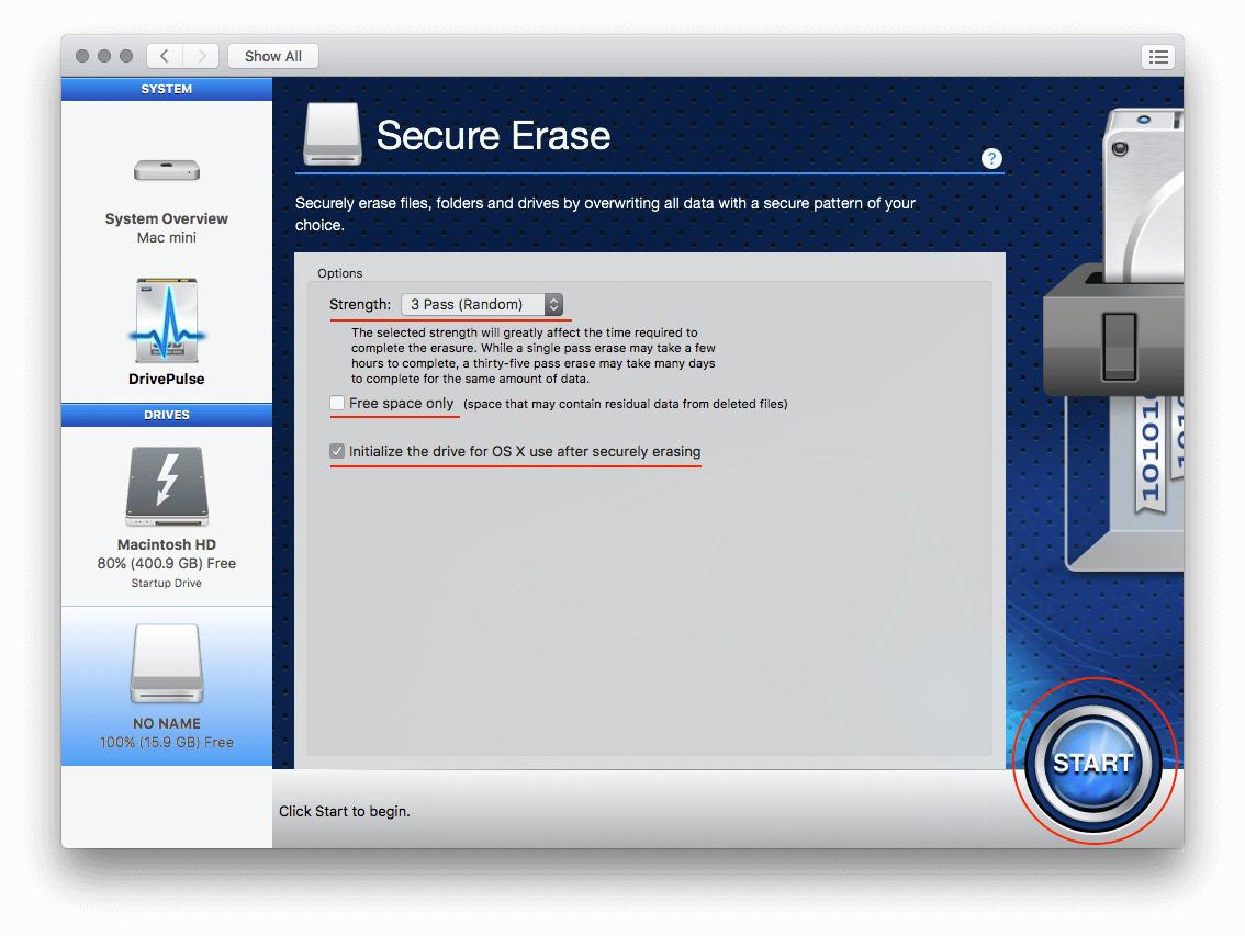 Select your desired secure erase options and click the ‘Start’ button.