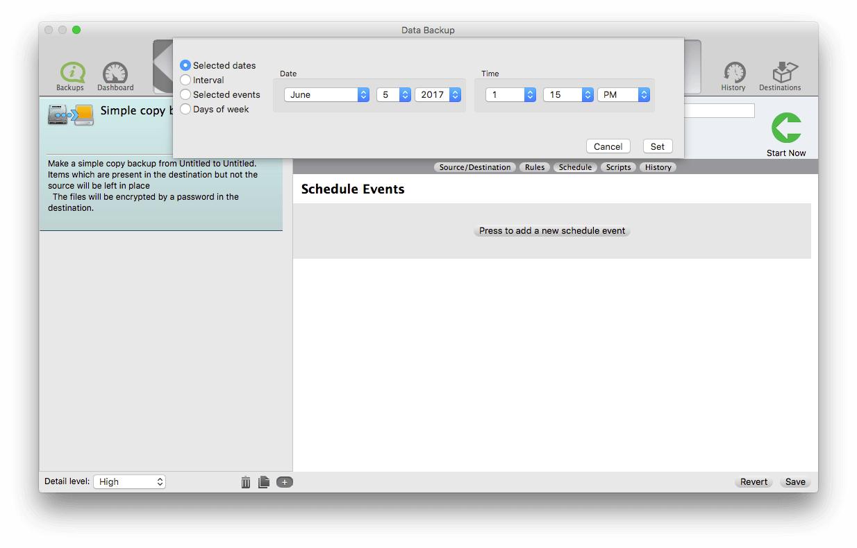 Data Backup software home screen showing a Simple Copy backup settings.