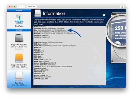 Text detailing all the information on the drive will appear, to look for the exact size, look for “Size:”.