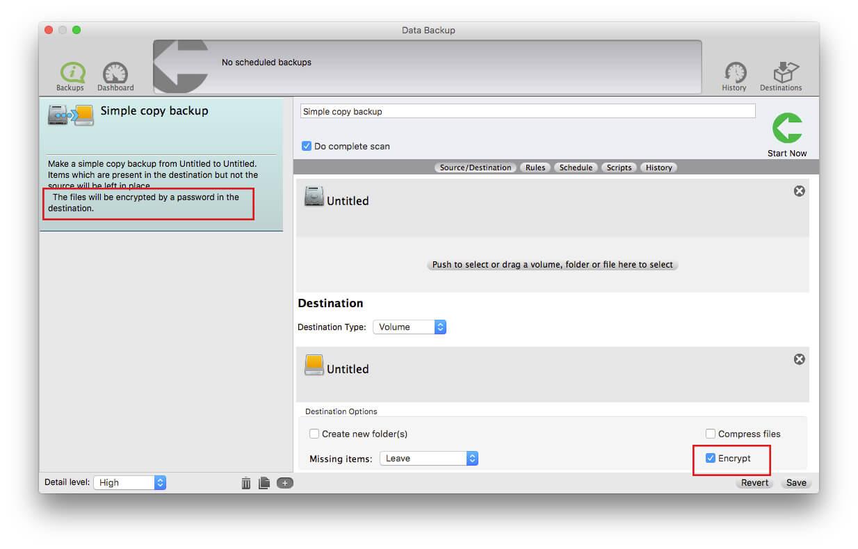 Data Backup software home screen showing a Simple Copy backup with encryption enabled.