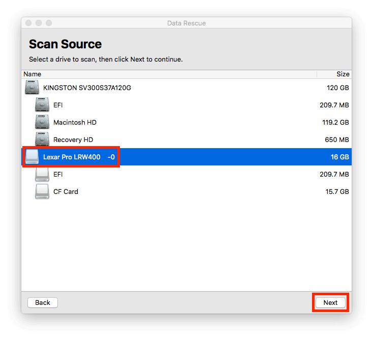 Choosing cf card to scan.