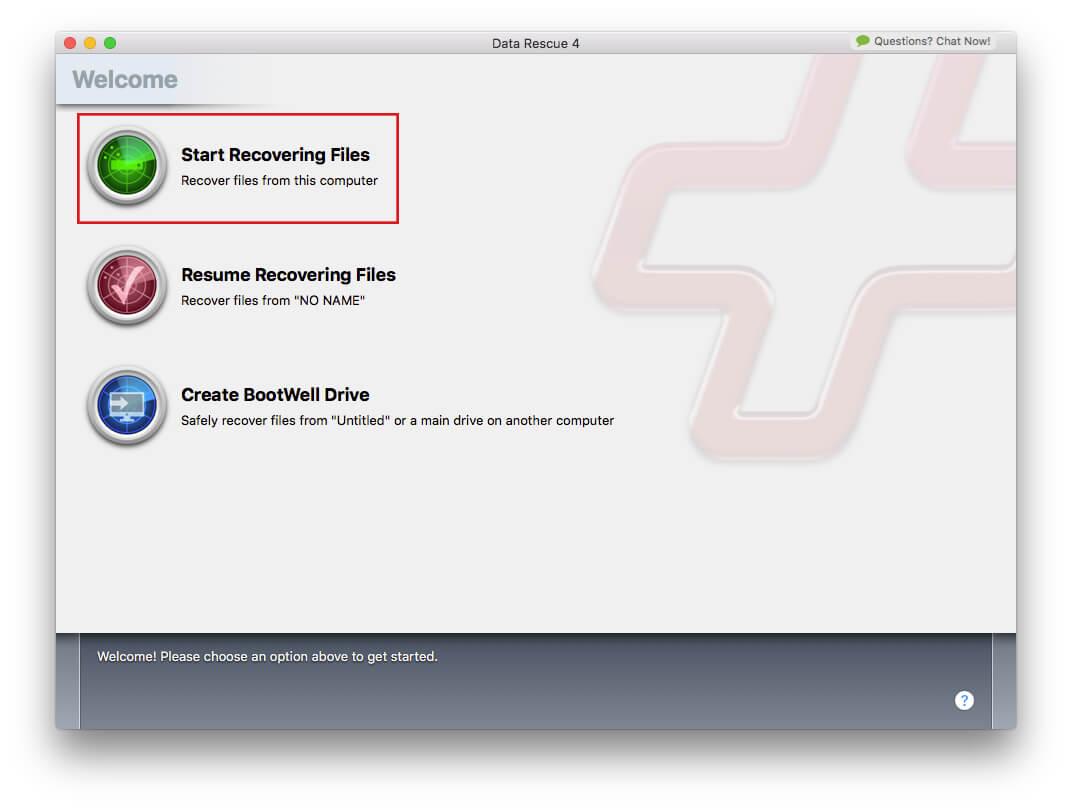 Selecting the Start Recovering Files option within Data Rescue.
