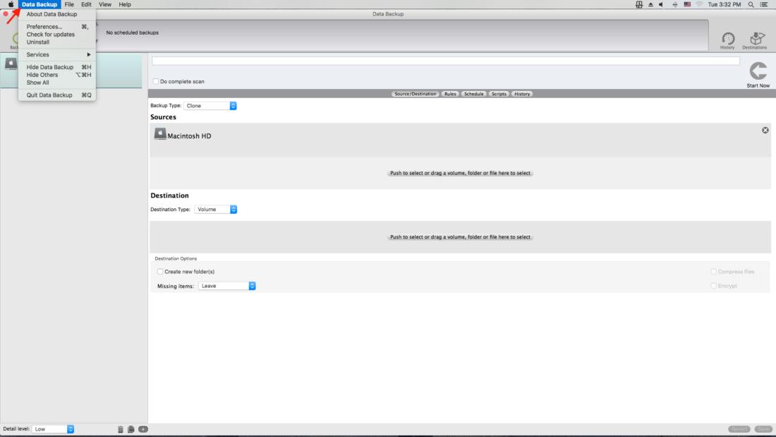 First, with the application open, click on the Data Backup drop-down at the top of your screen.