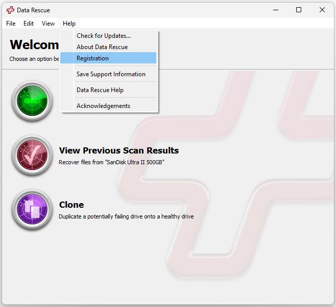 Selecing the Registration Option within the Data Rescue Help Drop down menu