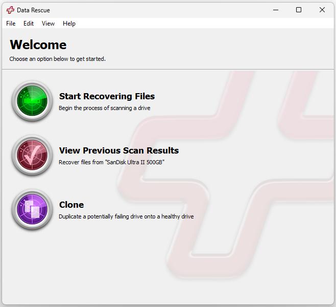 Data Rescue's Welcome Screen
