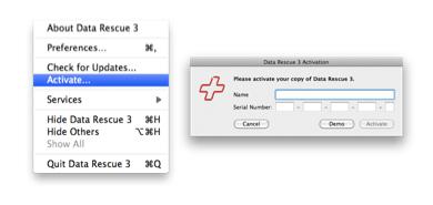 Enter your name and serial number and click “Activate”. If you are evaluating Data Rescue 3 click “Demo”.