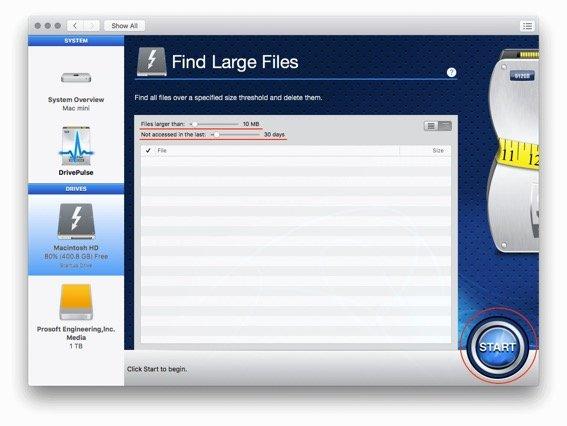 Showing the Find Large Files scan options.