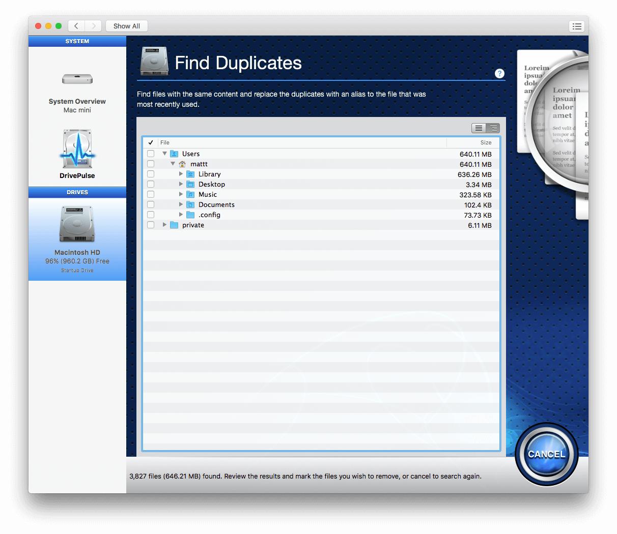 Using Drive Genius Find Duplicates Utility.