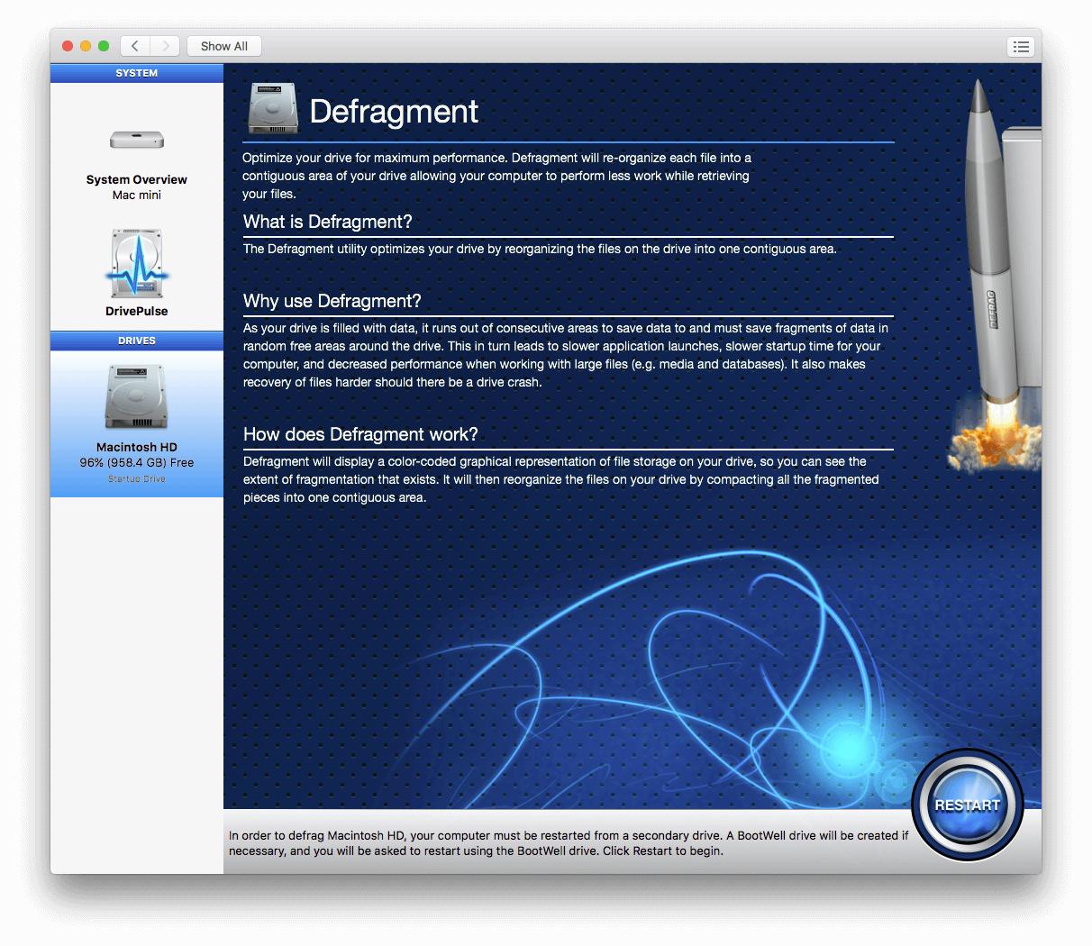 The defrag info window within Drive Genius.