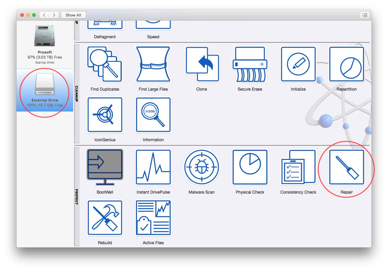 Select the drive from the left of the Drive Genius Window.