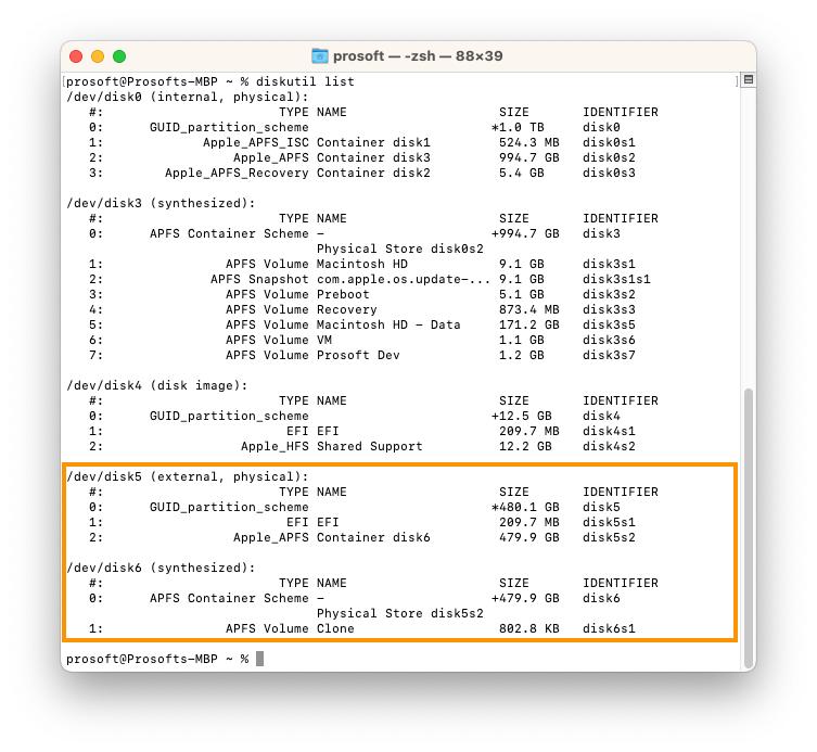 Showing how external drive is listed after formatted to APFS