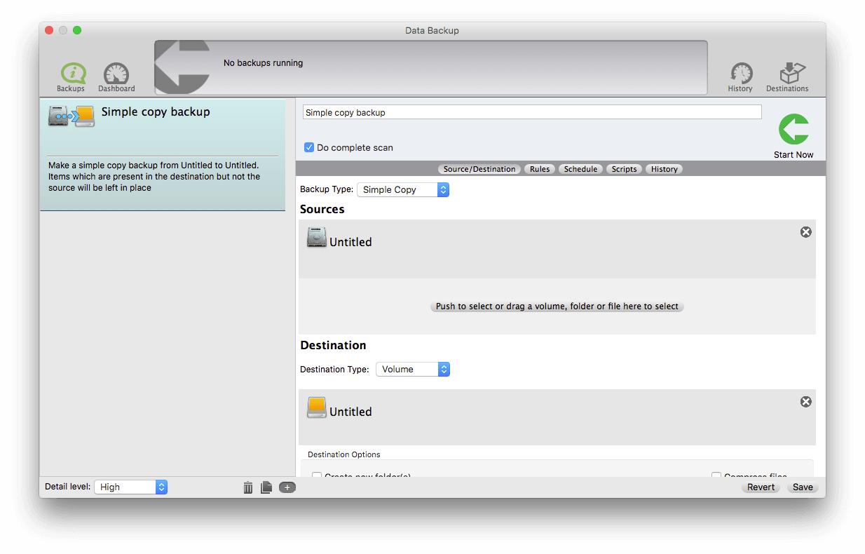 Data Backup software home screen showing a Simple Copy backup.