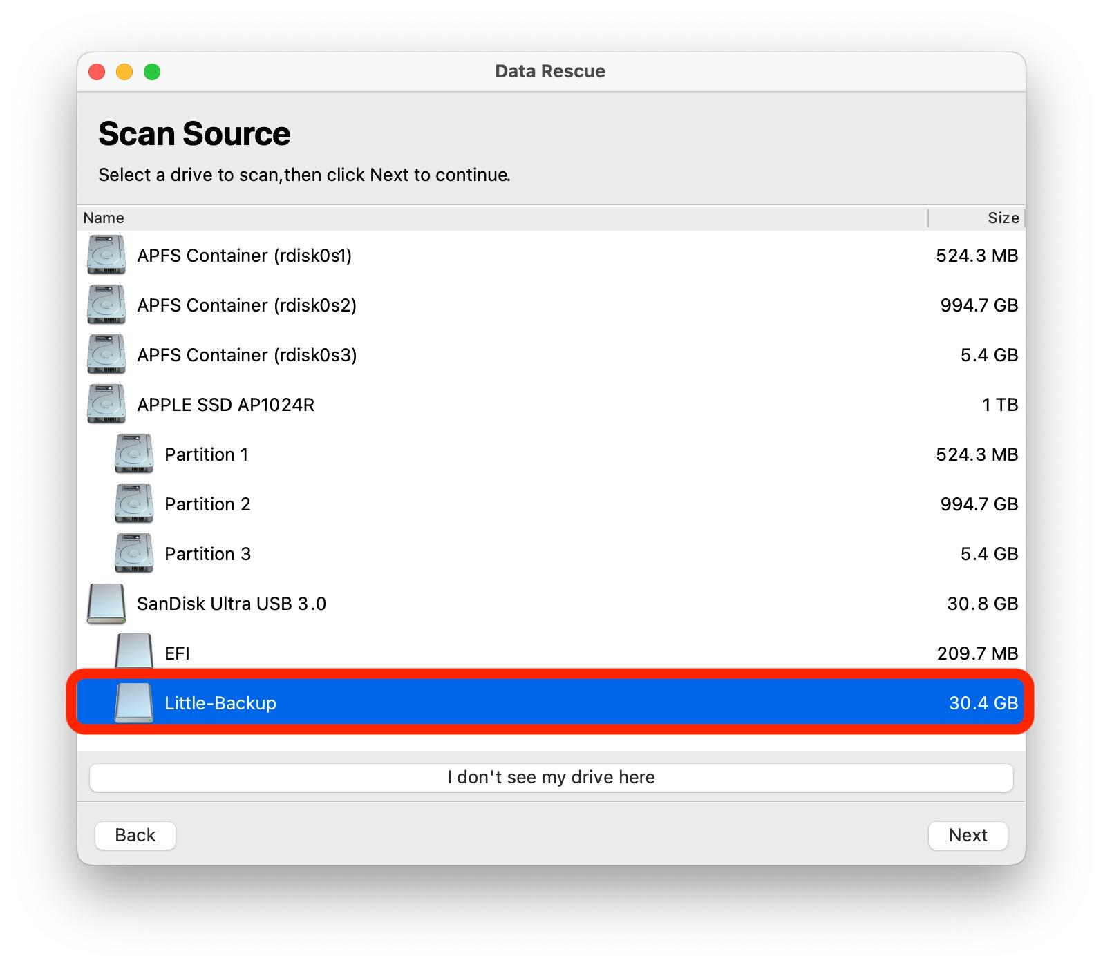 Source Drive Selection Screen